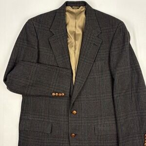 VTG 80s Palm Beach Wool Glen Plaid Sport Coat 42L Navy/Tan/Burgundy USA